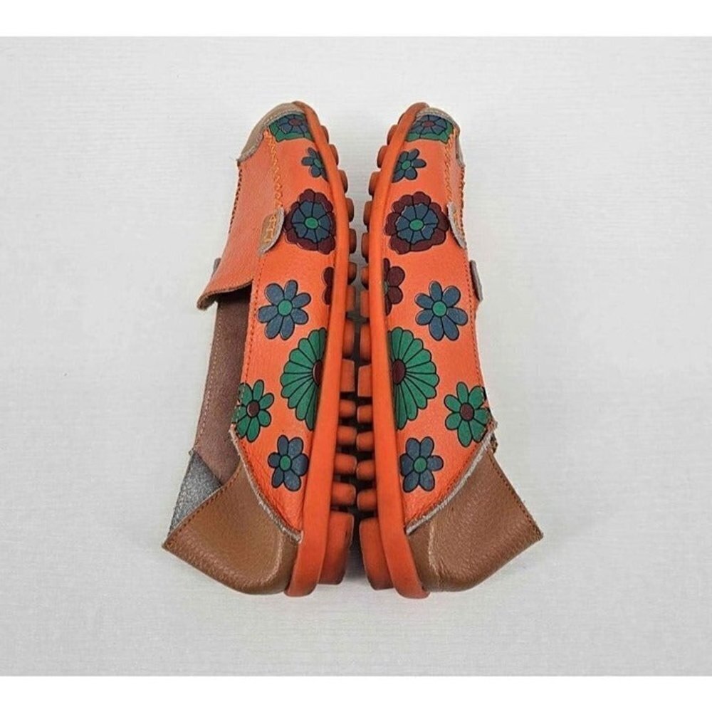 Womens Leather Orange Floral Flats Slip-on Comfort Loafer Moccasin Like Shoe - Picture 2 of 6
